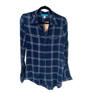 Women's Francesca's Buttons Blue White Long Sleeve Plaid Shirt Size M